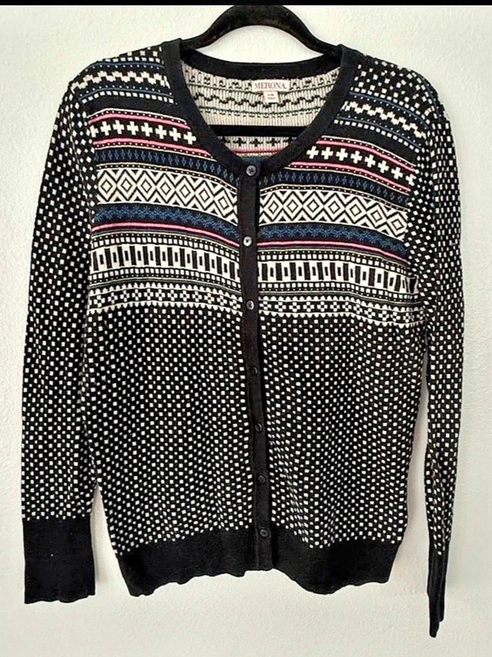 Merona Geometric Cotton Cardigan in Black & White Size Large